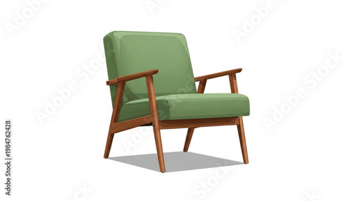 Mid Century Green Armchair Wooden Frame Furniture Vector Illustration