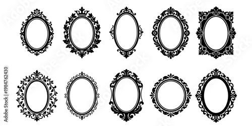 Vintage ornate mirror frames set, 10 black silhouette baroque oval borders, antique victorian decorative frame collection for wedding invitations