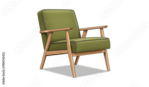Mid Century Green Armchair Wooden Frame Furniture Vector Illustration