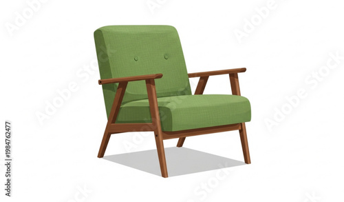 Mid Century Green Armchair Wooden Frame Furniture Vector Illustration