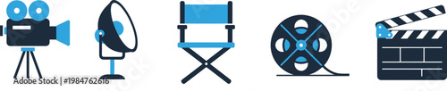 A collection of film-related icons is displayed on a white background. The icons include a vintage film camera, a camera with a microphone, a director's chair, film reels, and a clapboard.