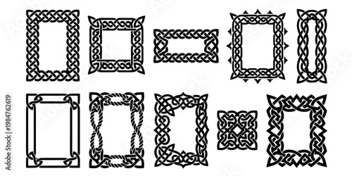 Celtic knot frames collection, 10 black ornamental borders with traditional Irish patterns, vintage medieval knotwork vector set for invitations