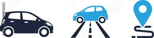 Three icons represent a car journey. The first icon shows a car with a blue marker indicating a pickup location.