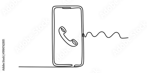 Continuous line drawing of a smartphone with a phone call icon on the screen and a wavy signal line.