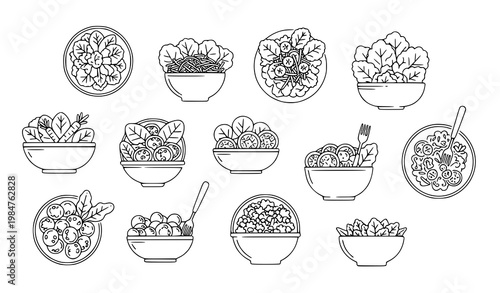 Minimal salad line icon set vegetable bowl healthy food vector illustration