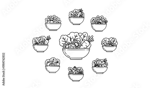 Healthy salad bowl outline icons vegetarian diet vector illustration set