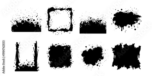 Grunge black ink splatters and paint brush strokes, set of 8 distressed texture frames and borders, messy spray paint blobs for urban design