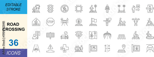Modern road crossing line icon set with clean stroke, minimal outline style. Includes pedestrian, traffic, safety, signal and navigation concepts. Professional editable vector icons for UI design.