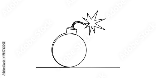 Continuous line drawing of a classic round bomb with a lit and sparking fuse on a white background