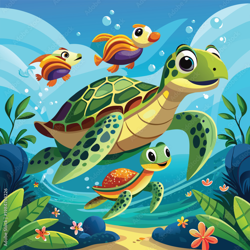 Fototapeta premium Cartoon sea turtles, swimming underwater, colorful ocean creatures, aquatic animals, vector illustration