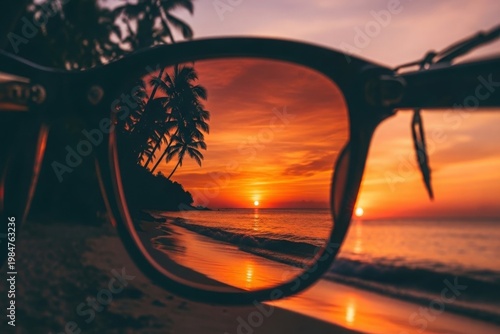 Sunset view through sunglasses on a tropical beach