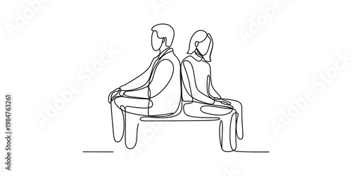Minimalist single line art illustration of a couple sitting back to back in silence.
