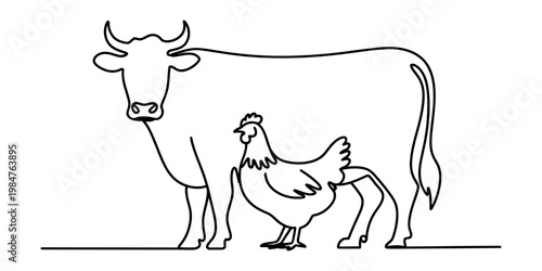 Minimalist one line art illustration of a farm cow and a hen bird on a plain background