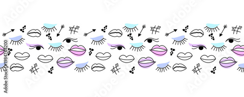 Makeup doodle border seamless with lips, eyes, arrows and tic tac toe symbols arranged in horizontal colorful strip isolated on white background