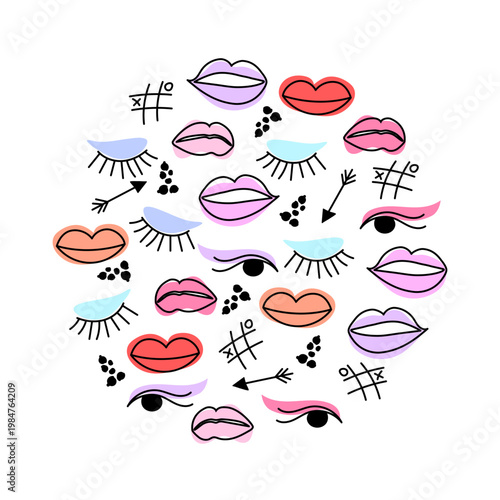 Makeup doodle round decorative colorful shape, composition with lips, eyes, arrows and tic tac toe isolated on white background.