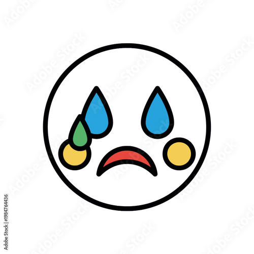A cartoon crying face emoji with tears and a frowning mouth on a white background with a black outline in a simple graphic style.