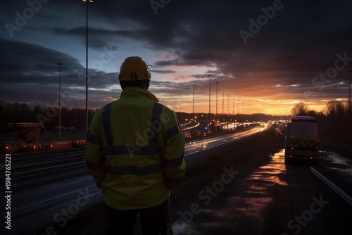 Worker in safety vest and hard hat standing beside a highway at dusk with long exposure light trails
