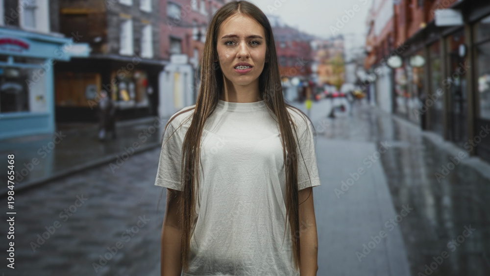 Fototapeta premium Teenage girl in white t shirt standing on a wet city street, grimacing and clenching fists with long hair down; frustration resilience.