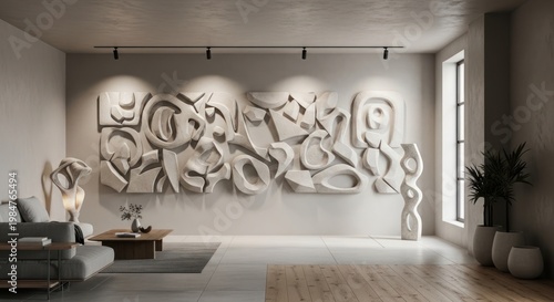 Abstract wall art installation in a modern minimalist living room design