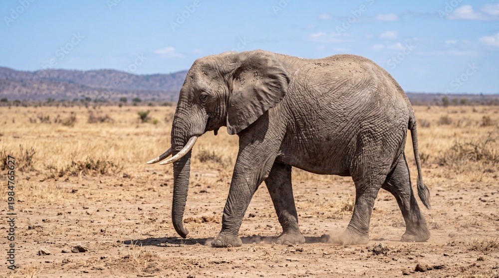 Fototapeta premium Elephant walking across open dry terrain