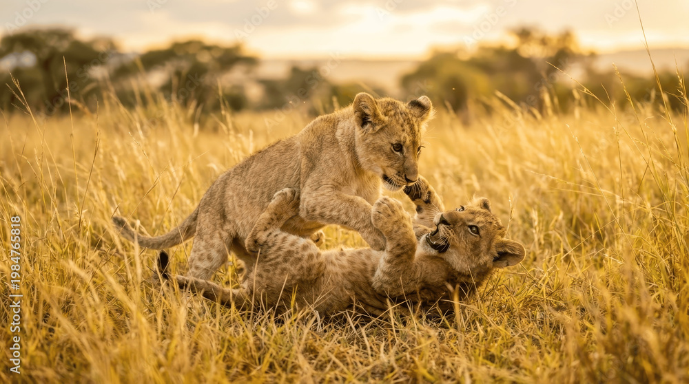 Obraz premium Two young lion cubs are playing together in tall grass under a warm sunset sky