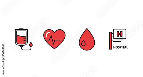 Medical icons representing blood donation and healthcare services.