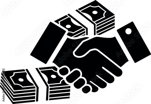 Black and white illustration of a handshake with stacks of money