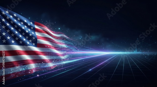 Futuristic American flag background glowing on a digital cyber grid. Ideal technology copy space for Independence Day celebrations, Memorial Day veteran tributes, and modern patriotic design layouts.