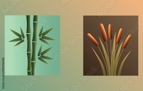 Bamboo and Cattails Vector Set – Nature Plants Flat Illustration