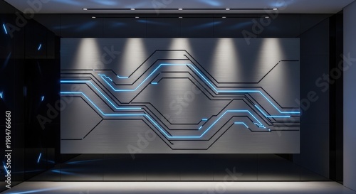 Abstract wall with glowing lines modern interior design and technology