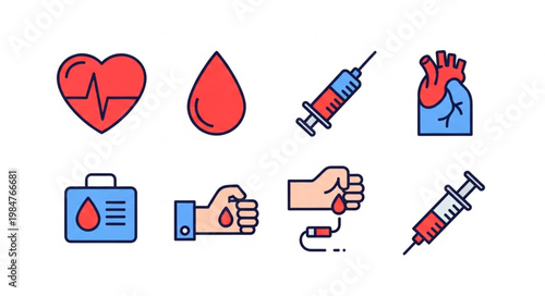 Medical icons representing blood donation and healthcare services.