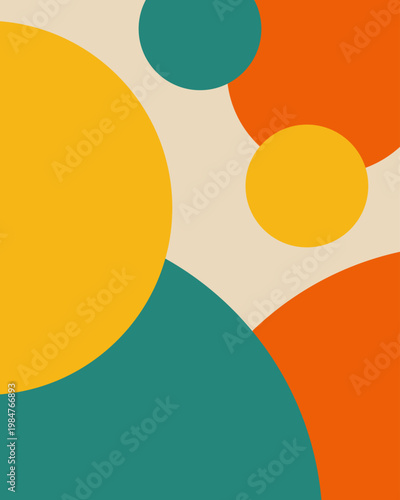 Vibrant circles float against a soft, neutral background. Bold orange, yellow, and teal hues dominate the composition. Shapes overlap with playful, abstract energy