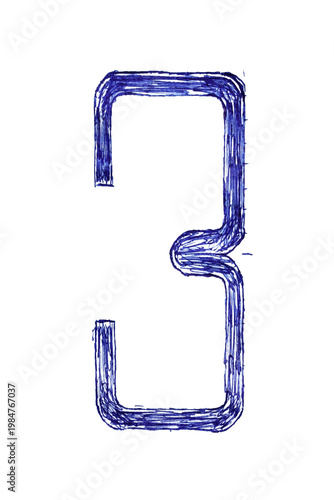 The number three is drawn with a pen and blue ink on a piece of paper.
