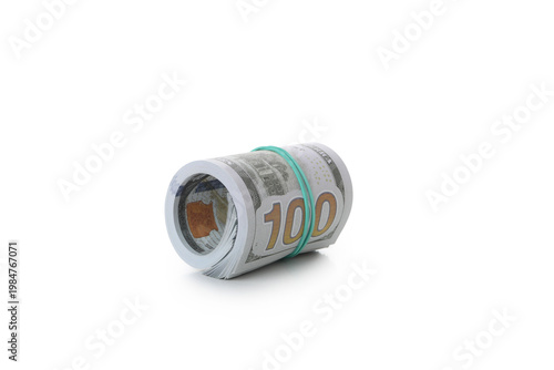 Roll of Dollar money isolated on white background, close up