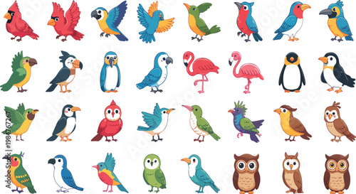 Big set of colorful birds with flying wildlife characters, exotic fauna collection featuring woodpecker, flamingo and goose vector illustration