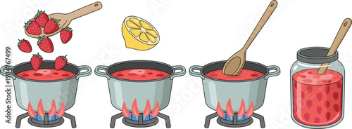 Homemade Jam Cooking Process Illustration Set with Boiling Pot Strawberry Fruit Preparation Wooden Spoon and Jar for Kitchen Food Preservation Design