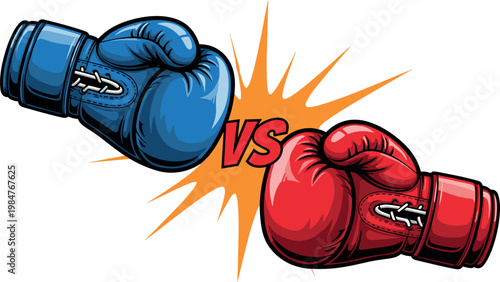 Boxing Gloves Versus Concept Illustration with Blue and Red Gloves in Dynamic Fight Pose for Sports Competition and Battle DesignBoxing Gloves Versus Concept Illustration with Blue and Red Gloves in D