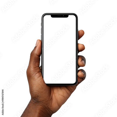 Dark-skinned hand holding a blank smartphone with white screen isolated on transparent background