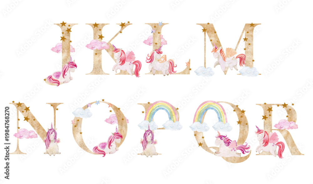 Fototapeta premium Watercolor unicorns letters.
