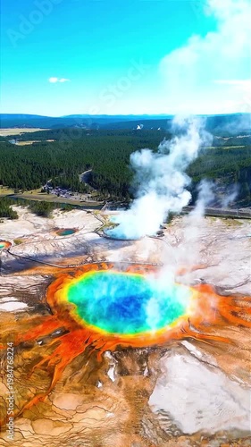 Aerial View of Grand Prismatic Spring with Rainbow Colors in Yellowstone National Park