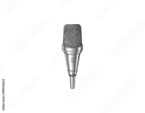 Professional condenser microphone with a metallic grille and silver body, isolated on a white background, perfect for studio recording and audio production
