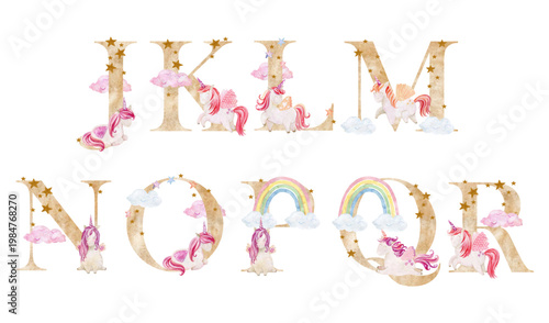 Watercolor unicorns letters.