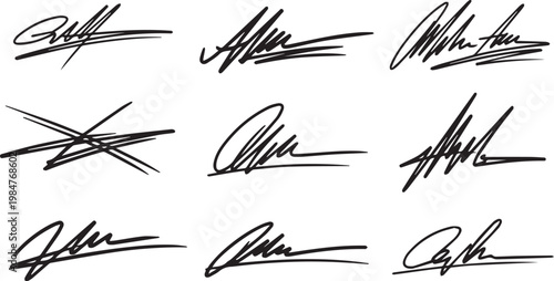 Selection of handwritten signatures in black ink, diverse styles on transparent background.