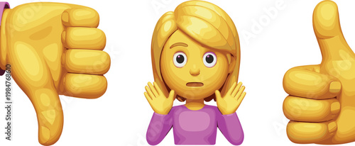 Set of Emoji Hand Gestures and Confused Woman Face with Thumbs Up Down Reactions and Shock Expression Vector IllustrationSet of Emoji Hand Gestures and Confused Woman Face with Thumbs Up Down Reaction