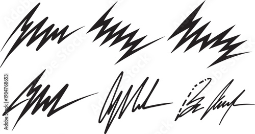 Collection of six abstract hand-drawn scribbled signatures and doodles in black ink on a transparent background.