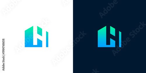 Modern abstract geometric H house logo design, featuring a vibrant blue-green gradient, ideal for real estate, property development, construction, or technology branding