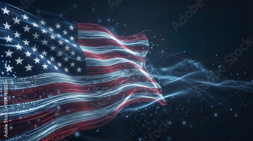 Waving American flag constructed from glowing digital tech network nodes and fiber optic lines. Perfect copy space for Independence Day celebrations, Memorial Day honors, and patriotic cyber designs.