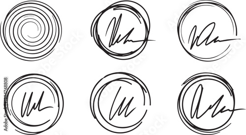 Circular stamp signature designs with spiral orbits and scribbled outlines for artistic logo symbols or certification marks icon.
