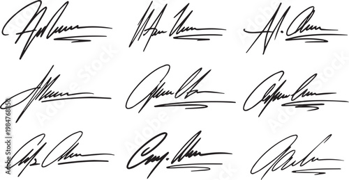 Professional handwritten signature set with dynamic line flourishes and sophisticated cursive styles for legal digital documents.