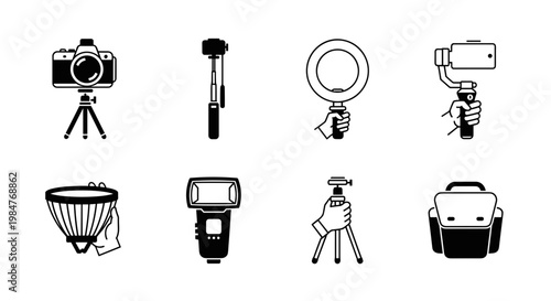 Photography and Content Creation Equipment Icons Set, Camera, Tripod, Ring Light, Gimbal, Flash and Bag Vector Symbols for Vlogger and Influencer